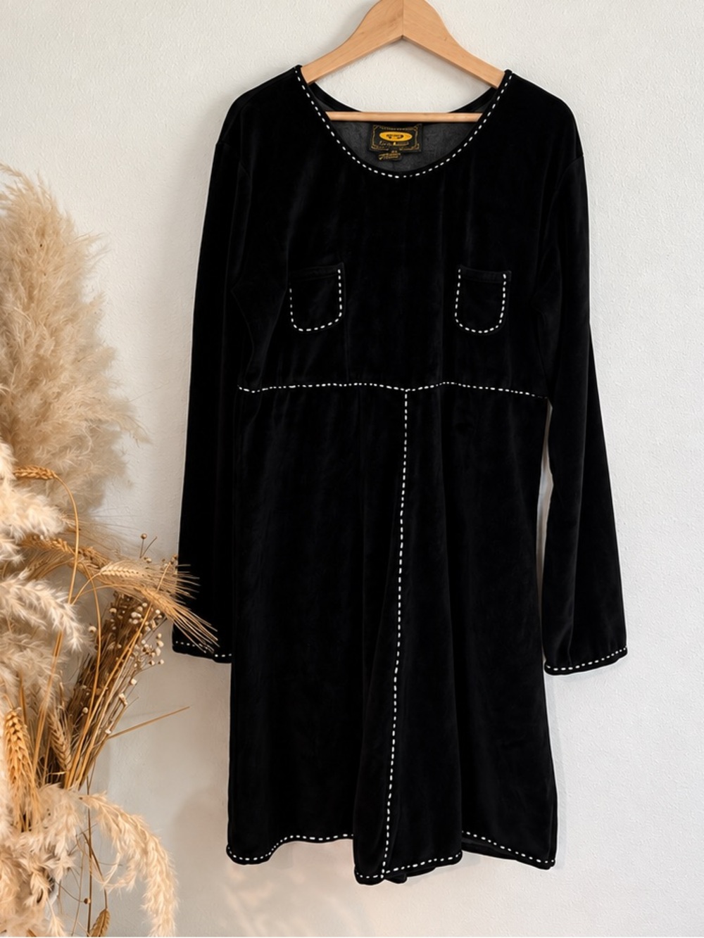 Vintage Y2K Free People Black Velour Contrast Stitch Mini Dress M